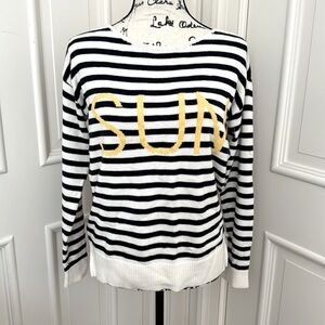 LOFT Striped “SUN” Sweater – Black & White Straps with Yellow Lettering Size XS
